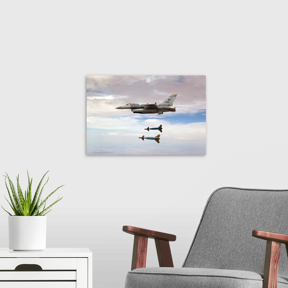 A modern room featuring An F-16 Fighting Falcon from the Air National Guard Air Force Reserve Test Center releases two GB...