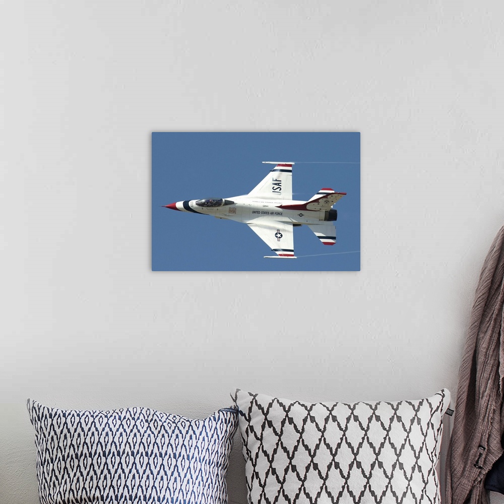 A bohemian room featuring An F-16 of the U.S. Air Force Air Demonstration Squadron Thunderbirds.