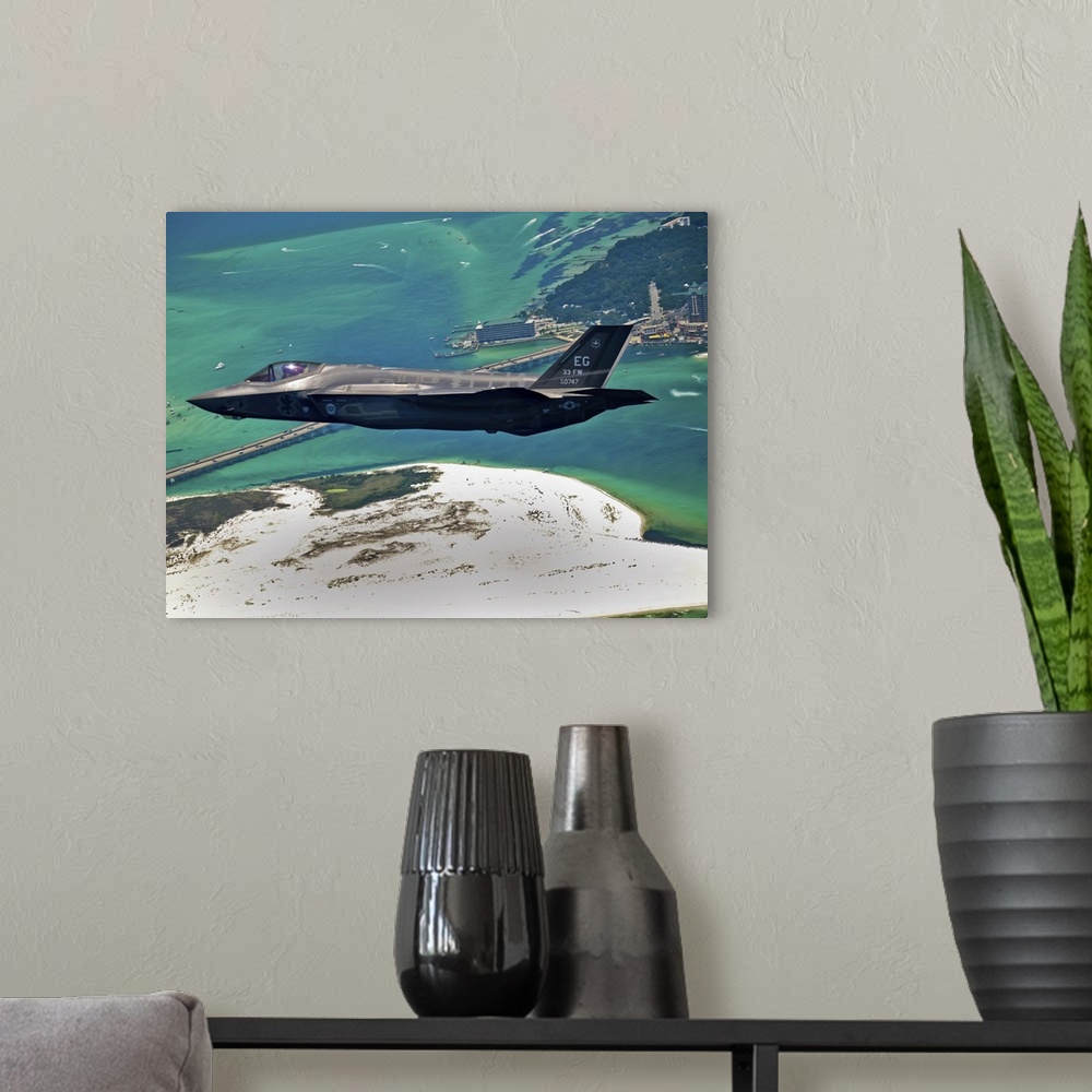 A modern room featuring An F-35 Lightning II flies over Destin, Florida.