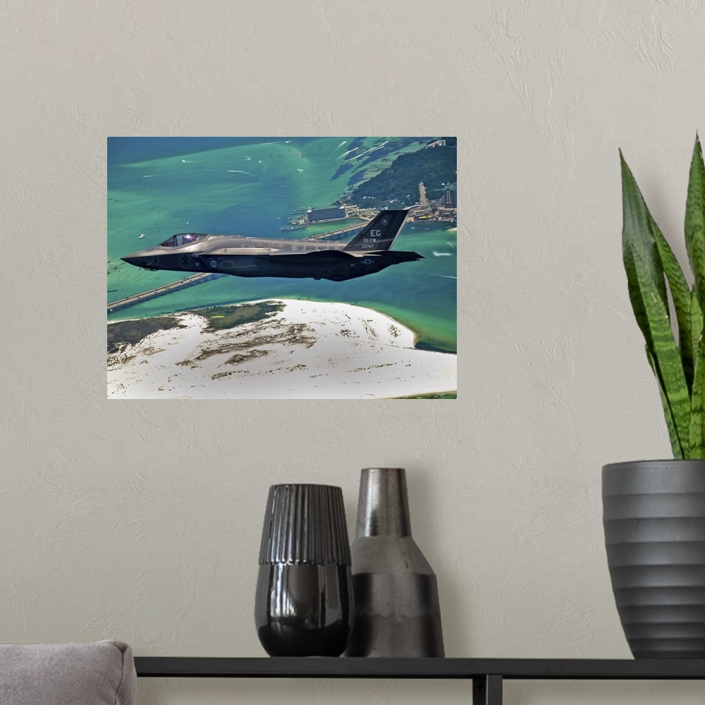 A modern room featuring An F-35 Lightning II flies over Destin, Florida.
