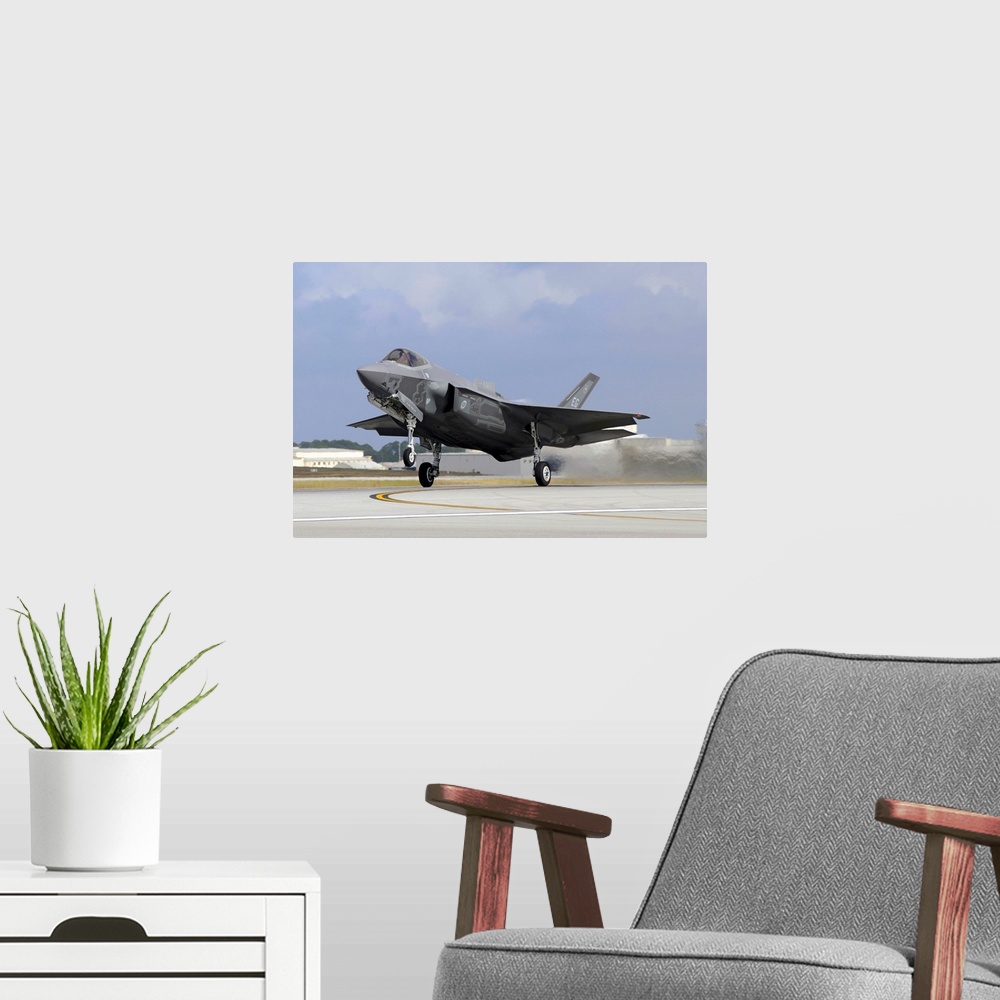 A modern room featuring An F-35A taking off from Eglin Air Force Base, Florida.