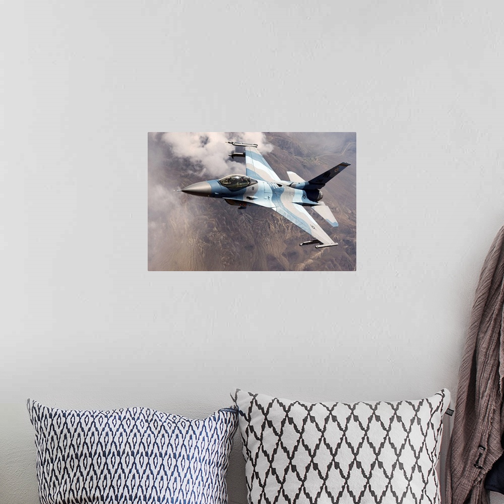 A bohemian room featuring An F16 Falcon in flight