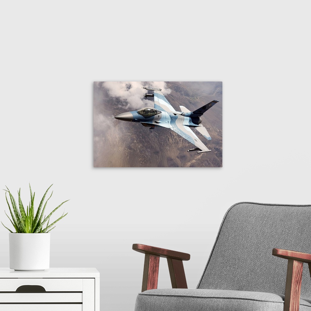 A modern room featuring An F16 Falcon in flight