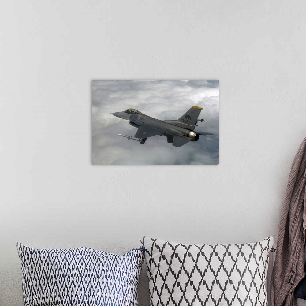 A bohemian room featuring An F16 Fighting Falcon in flight