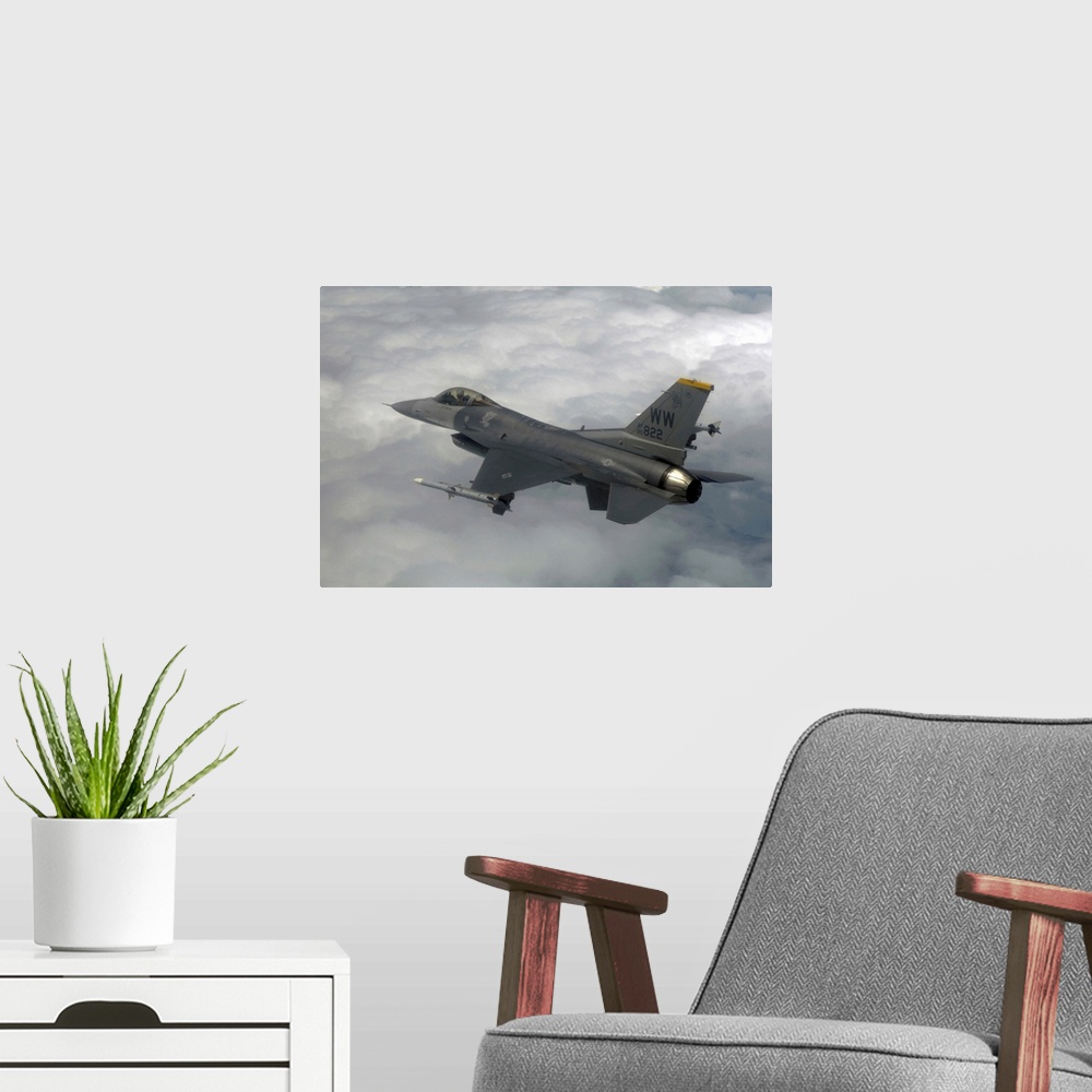 A modern room featuring An F16 Fighting Falcon in flight