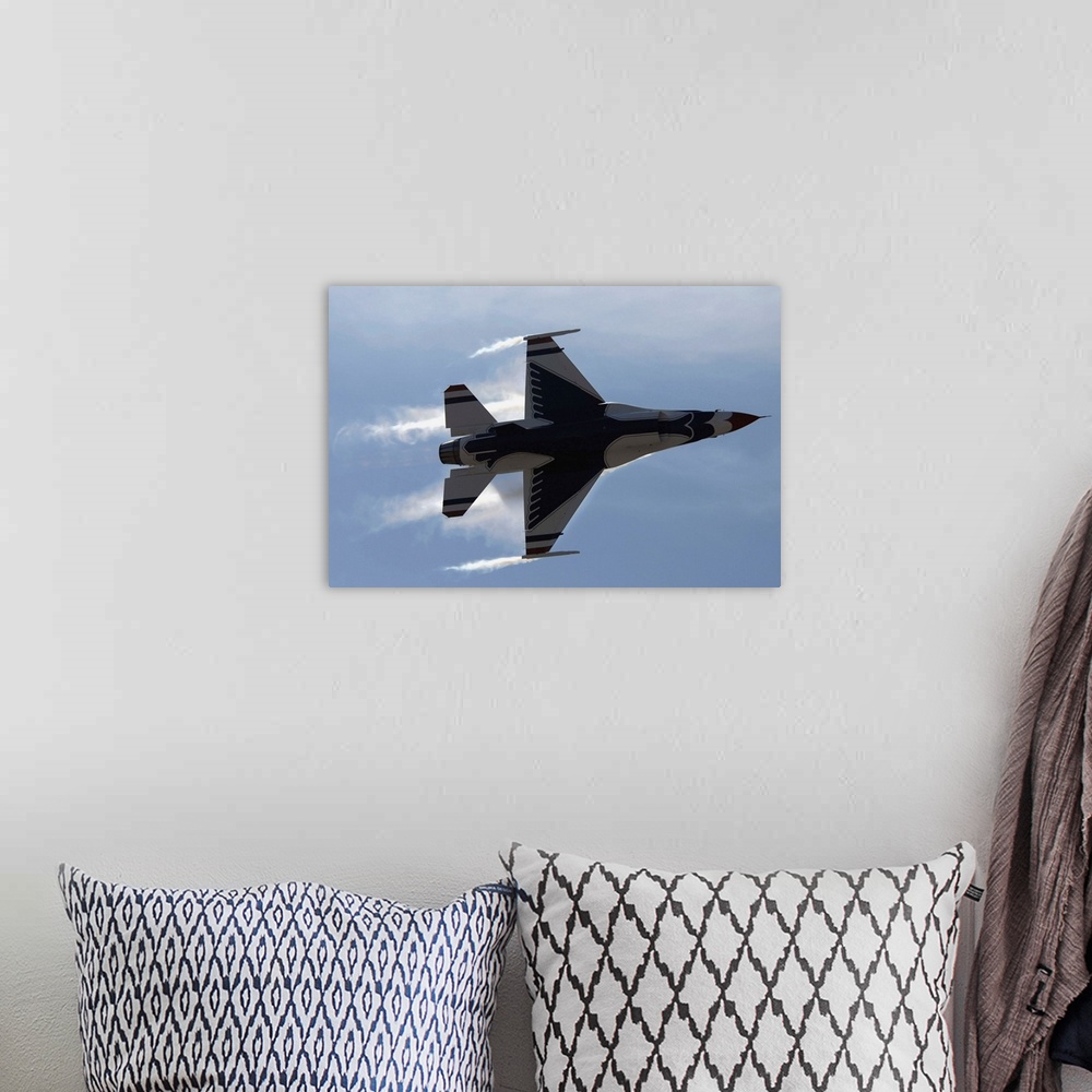A bohemian room featuring An F16 Fighting Falcon pulls high Gs