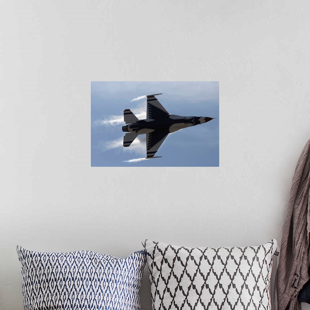 A bohemian room featuring An F16 Fighting Falcon pulls high Gs