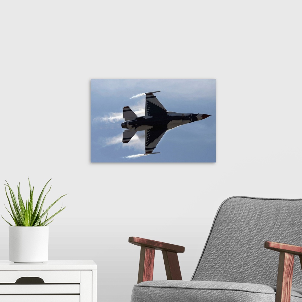 A modern room featuring An F16 Fighting Falcon pulls high Gs