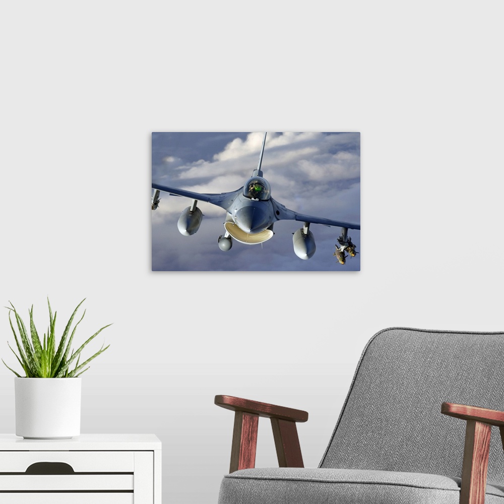 A modern room featuring Canvas photo art of the up close of a jet flying through the skies.