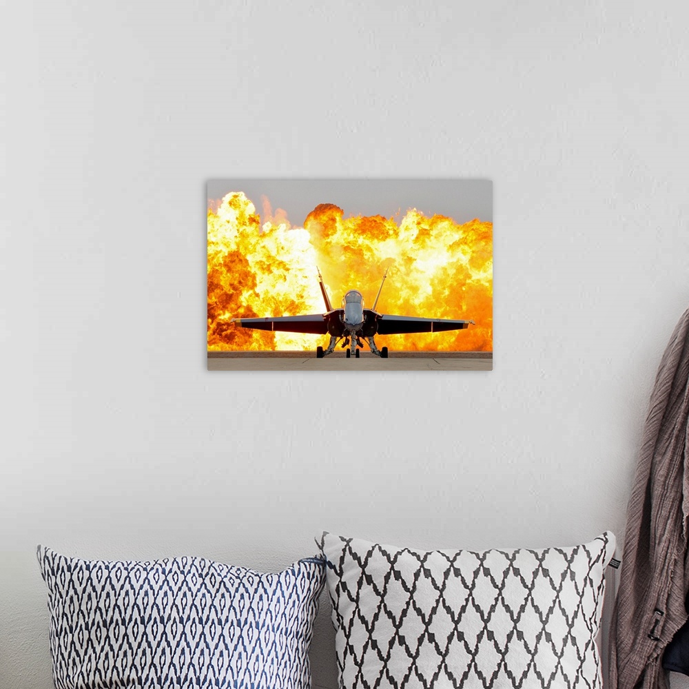 A bohemian room featuring This is wall art of a photograph dramatically showcasing the aerial prowess of the armed forces a...