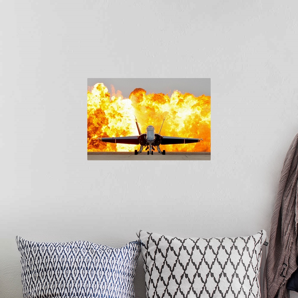 A bohemian room featuring This is wall art of a photograph dramatically showcasing the aerial prowess of the armed forces a...