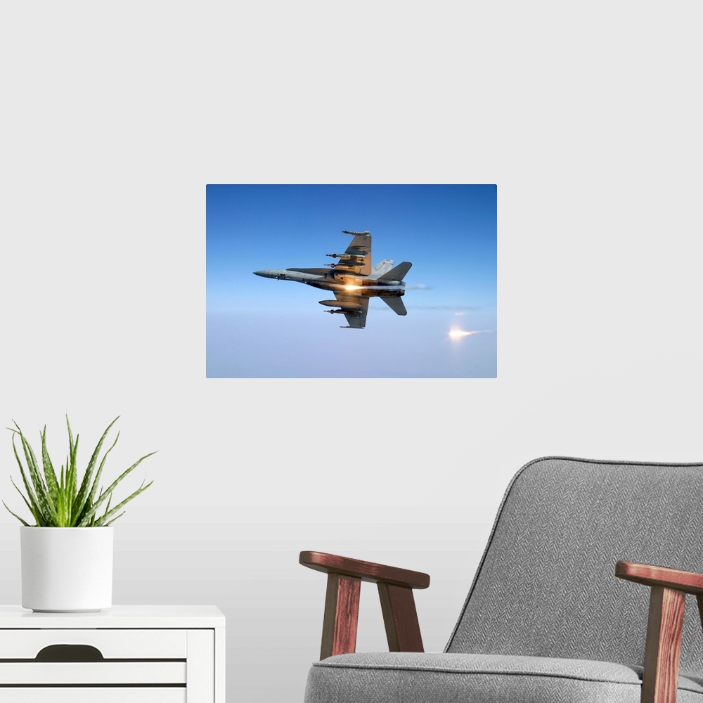A modern room featuring An F/A-18C Hornet aircraft tests its flare countermeasure system.