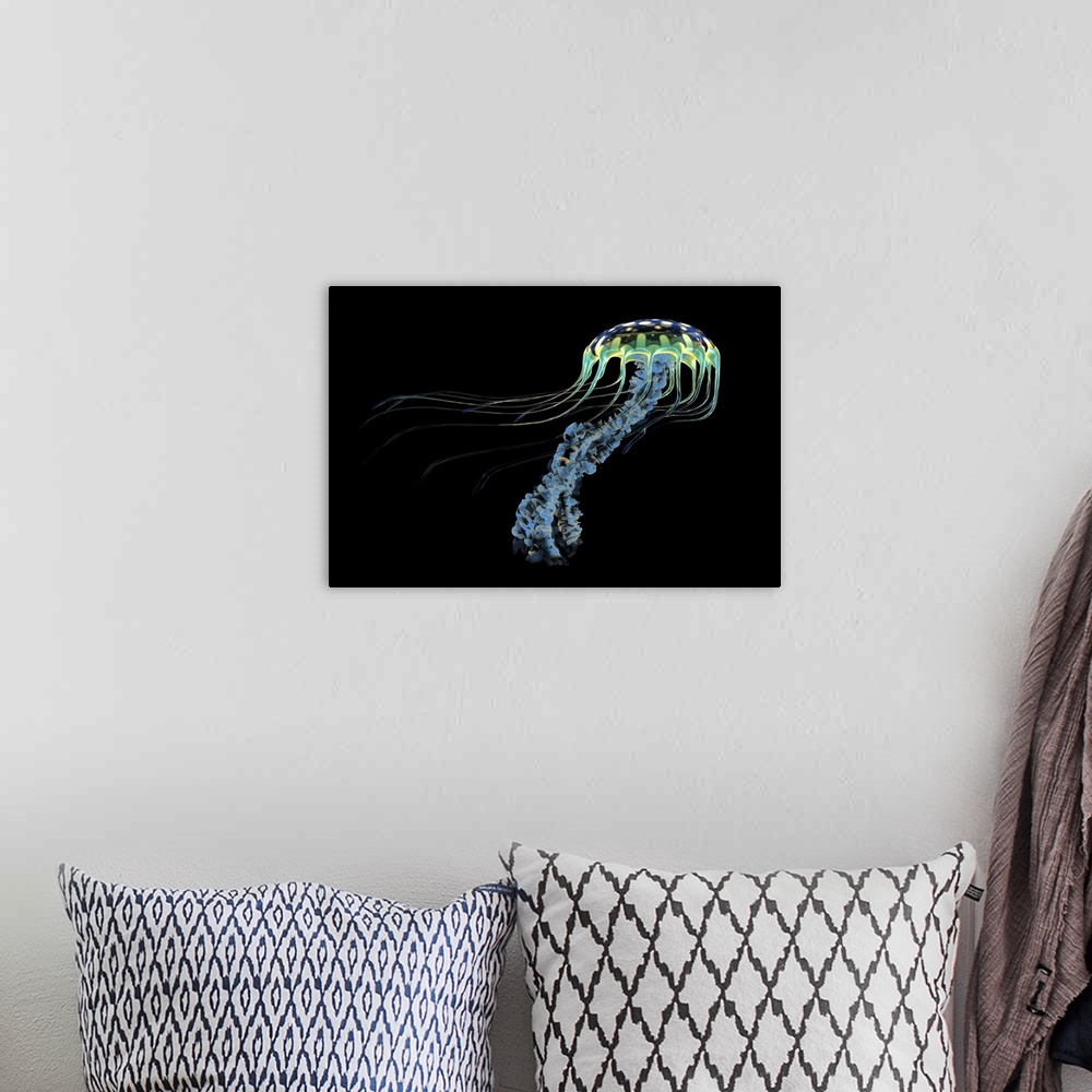 A bohemian room featuring An iridescent blue jellyfish with trailing stinging tentacles to subdue its prey.