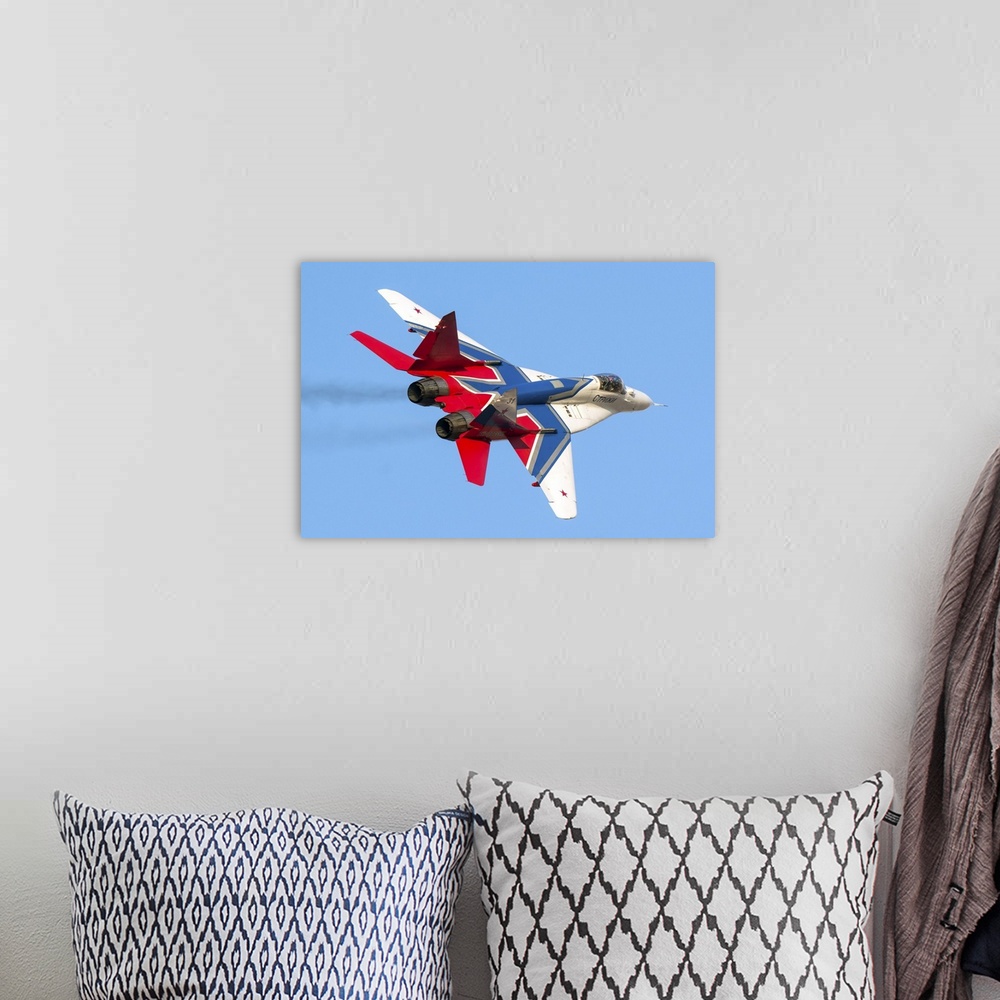 A bohemian room featuring An MiG-29 of the Russian acrobatic team Strizhi.