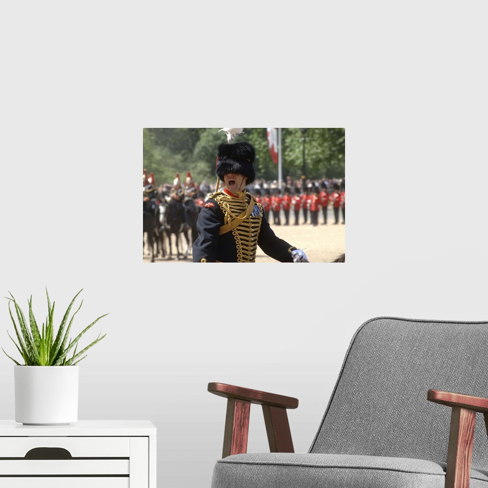 A modern room featuring An officer shouts commands during the Trooping the Colour ceremony at Horse Guards Parade, London...