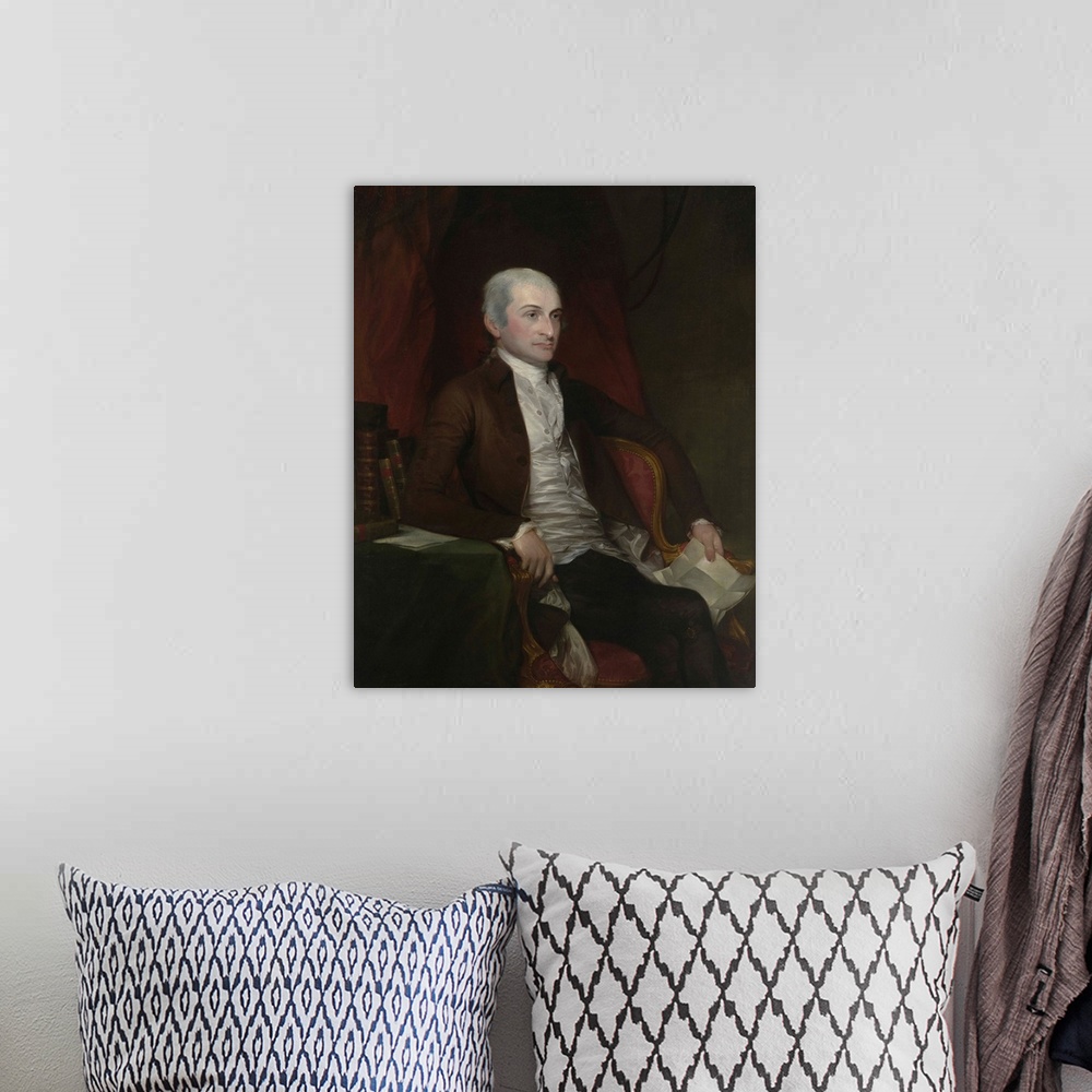 A bohemian room featuring An oil painting of United States Chief Justice John Jay.
