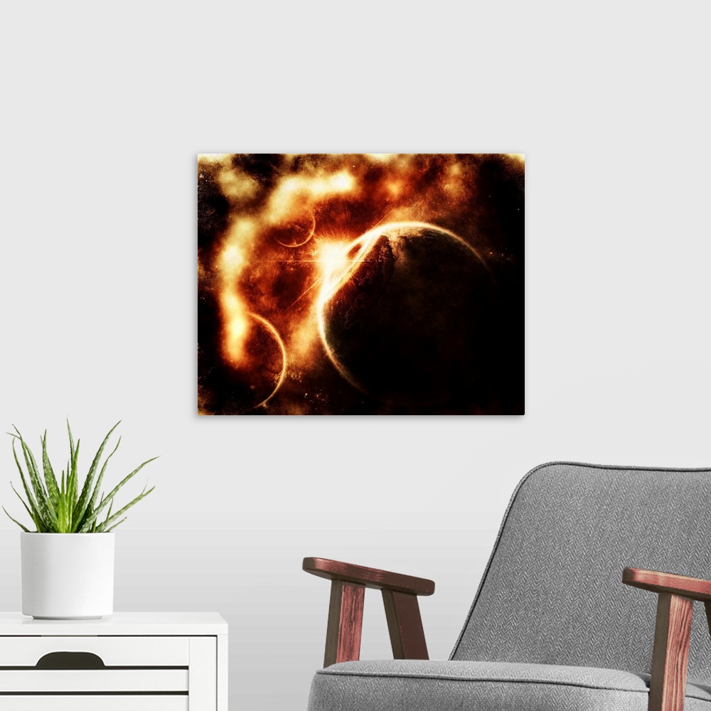 A modern room featuring Apocalyptic view on a solar system which is being destroyed by merciless elements.