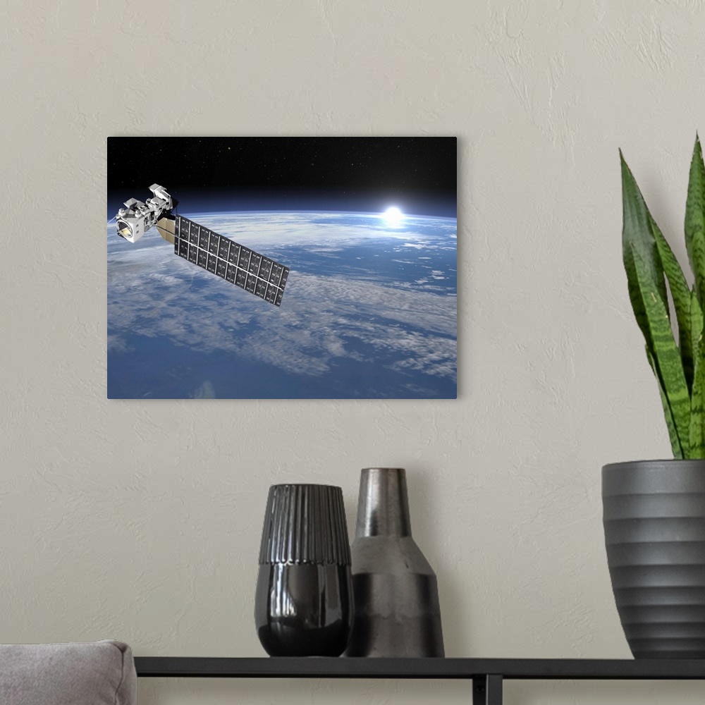 A modern room featuring Aqua satellite orbiting Earth and rising Sun.