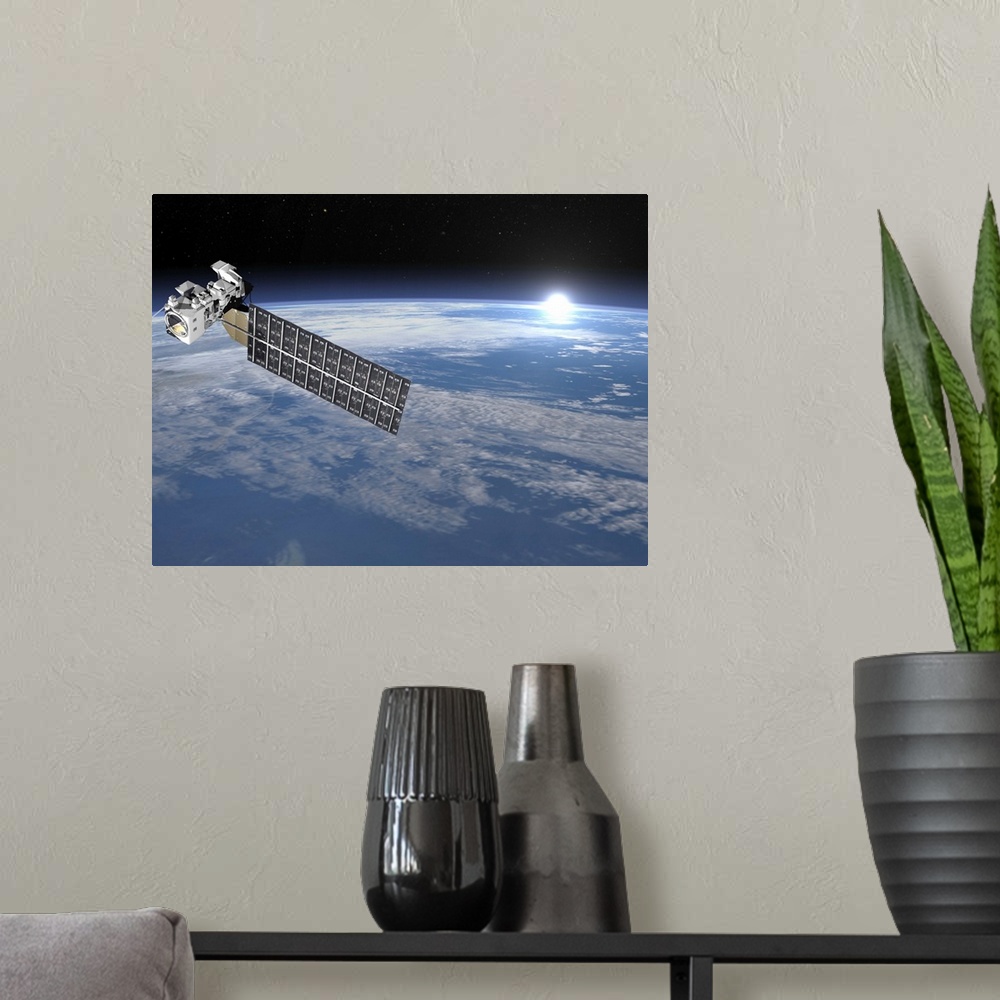 A modern room featuring Aqua satellite orbiting Earth and rising Sun.