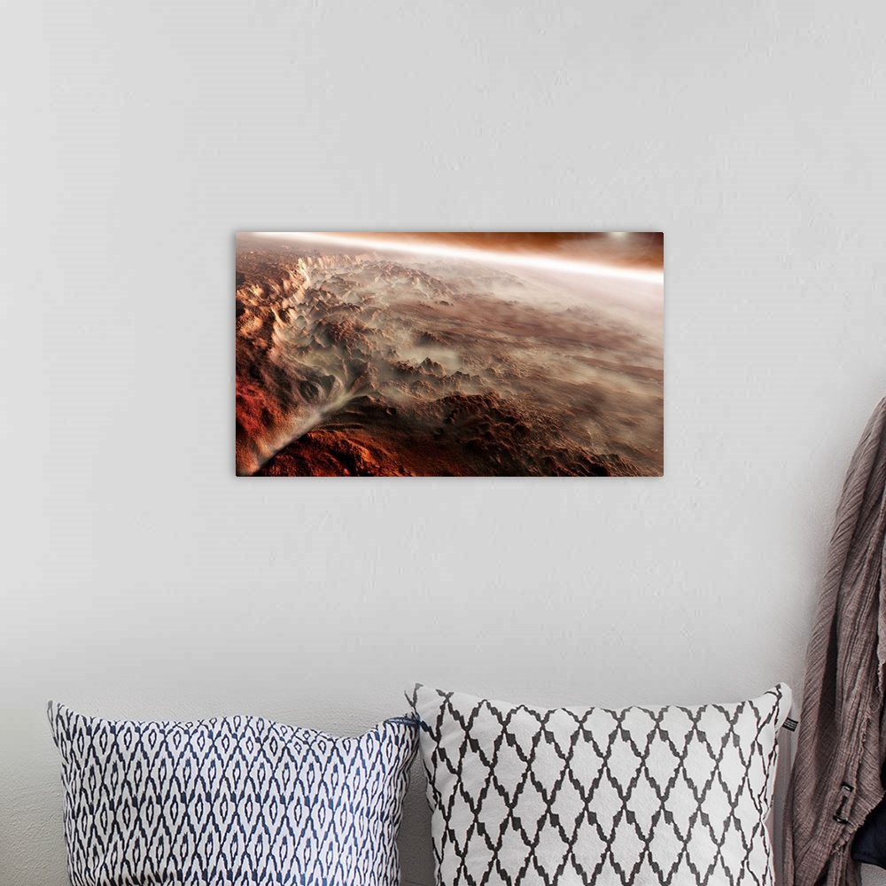 A bohemian room featuring Aram Chaos, a crater shaped by catastrophic groundwater release, as it looks on present day Mars.