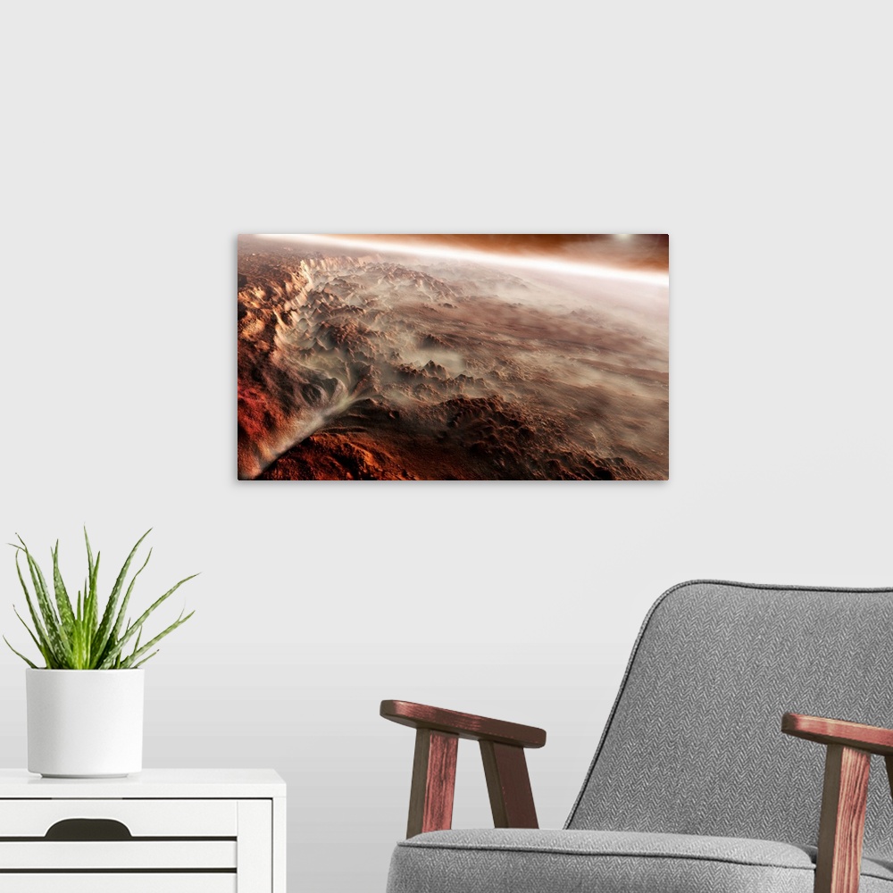 A modern room featuring Aram Chaos, a crater shaped by catastrophic groundwater release, as it looks on present day Mars.