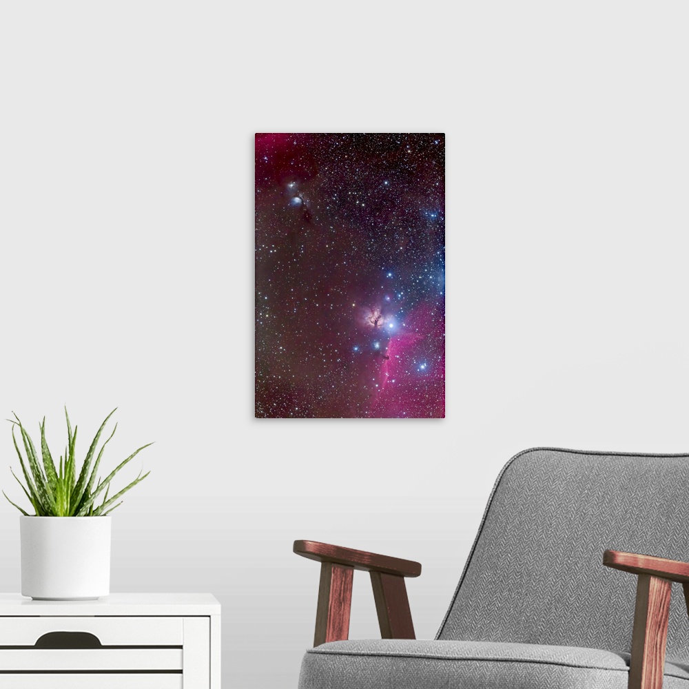 A modern room featuring The area around the Belt of Orion, with the Horsehead and Flame Nebulae at bottom flanking the br...