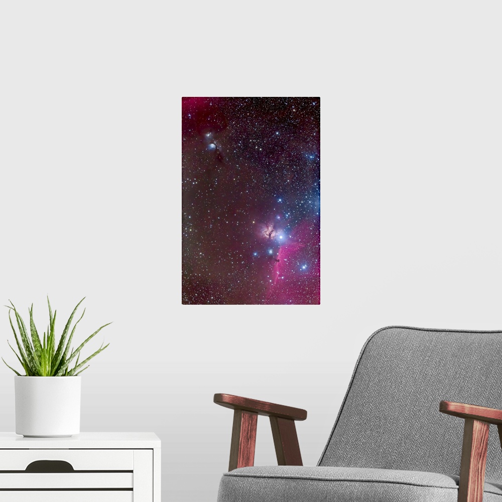 A modern room featuring The area around the Belt of Orion, with the Horsehead and Flame Nebulae at bottom flanking the br...