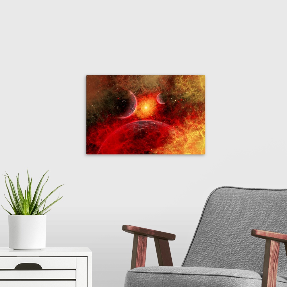 A modern room featuring This image is part of a series that illustrates the death of a star and its system of planets as ...