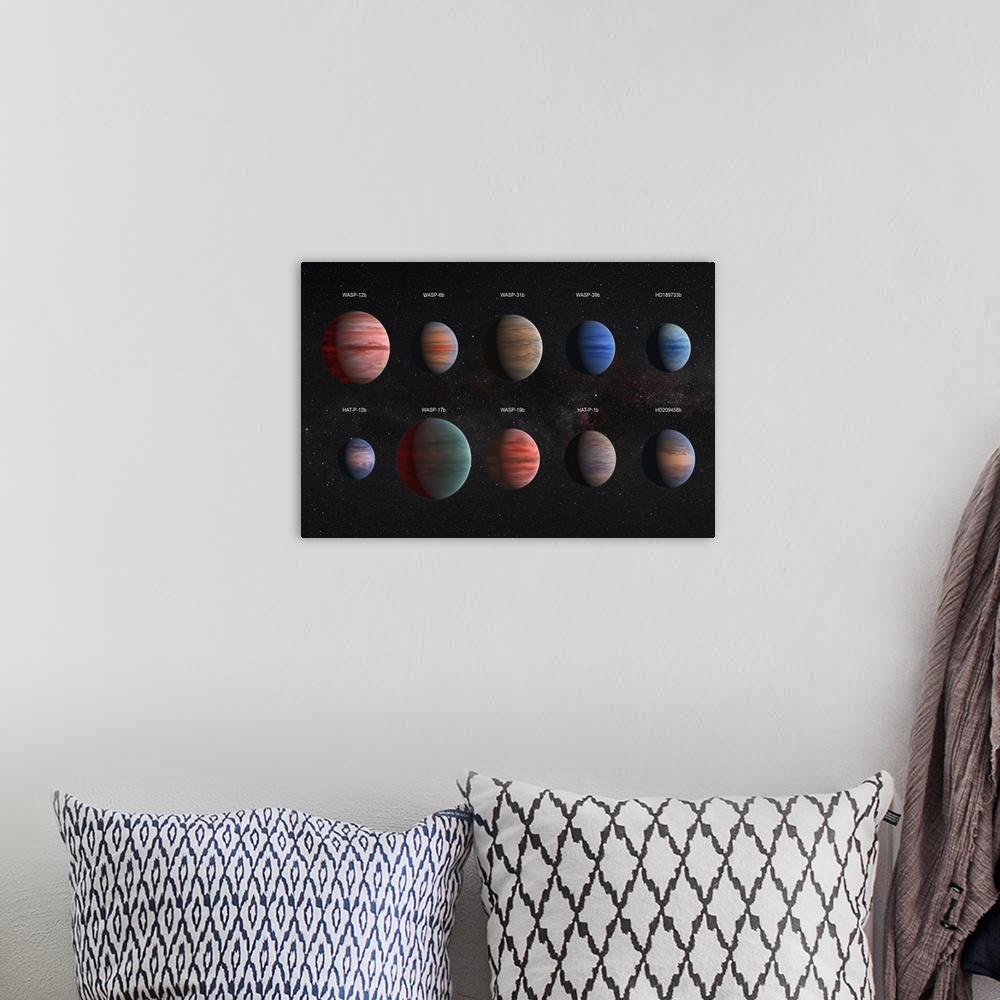 A bohemian room featuring Artist concept of the 10 hot Jupiter WASP exoplanets with a variety of cloud properties.