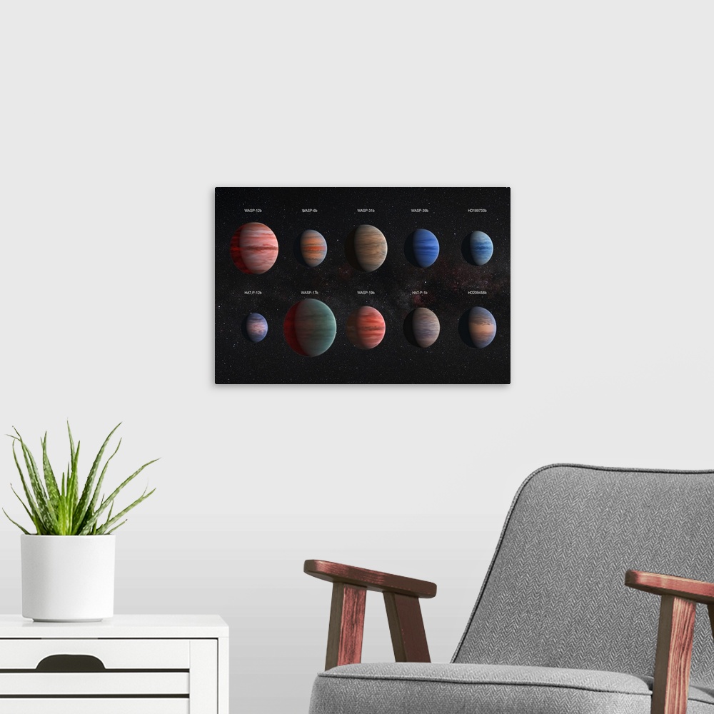 A modern room featuring Artist concept of the 10 hot Jupiter WASP exoplanets with a variety of cloud properties.