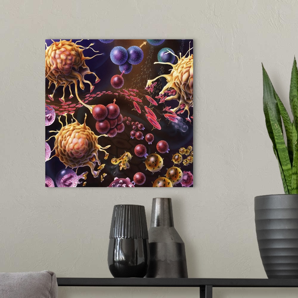 A modern room featuring Artistic representation of the immune system's reaction to bacteria invading the tissues.