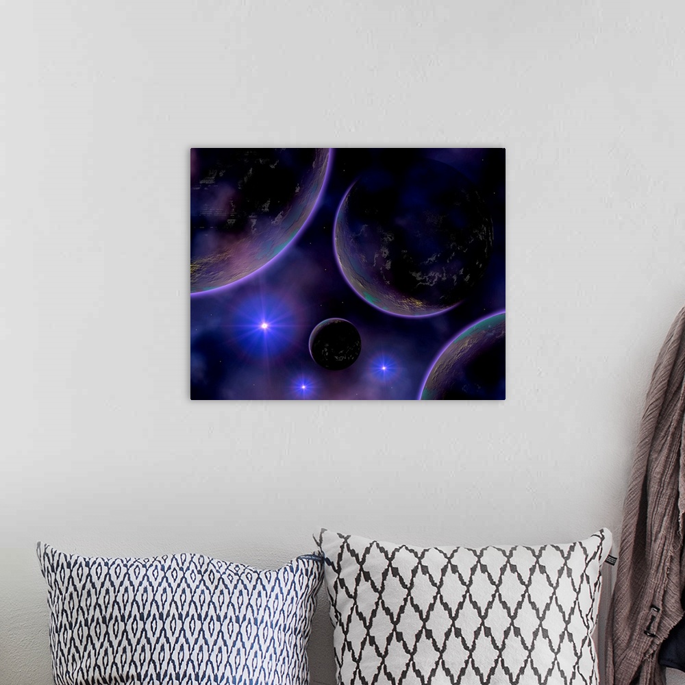 A bohemian room featuring Artist's concept illustrating a cluster of blue stars on the edge of a nebula, which is their bir...