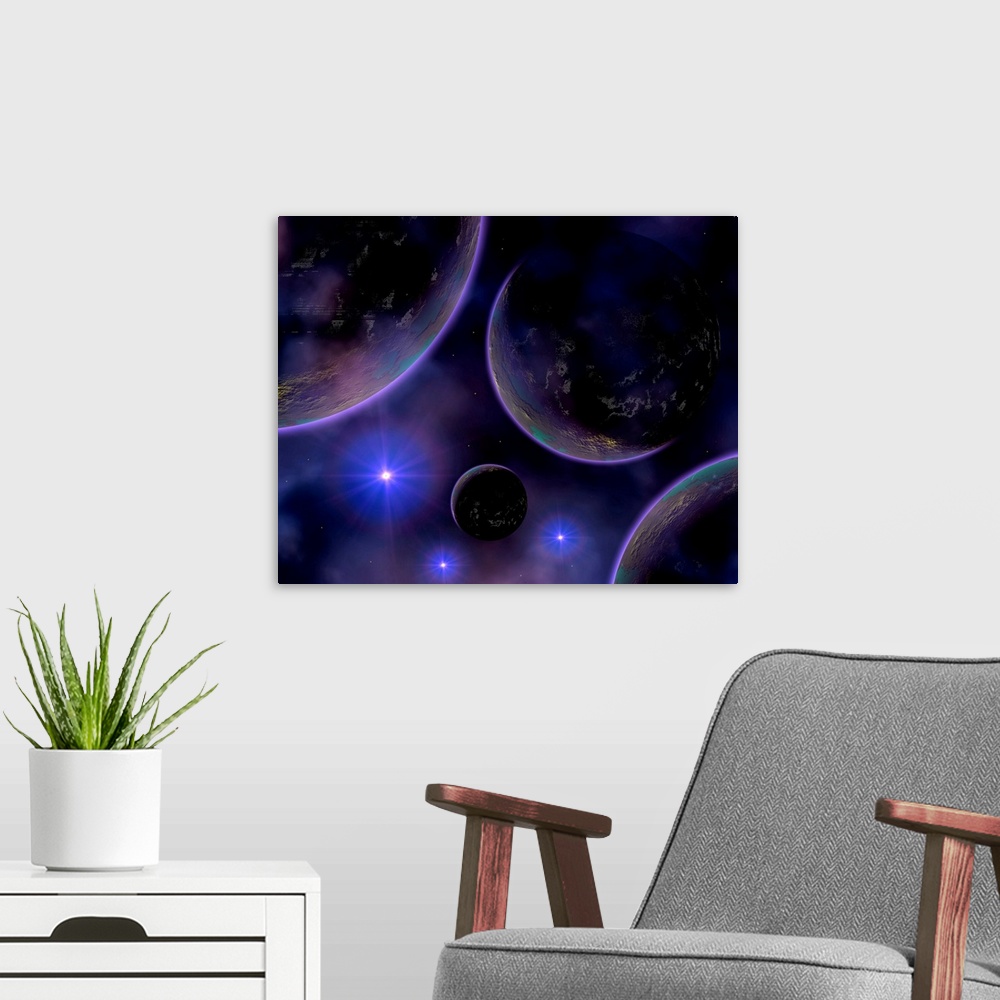 A modern room featuring Artist's concept illustrating a cluster of blue stars on the edge of a nebula, which is their bir...