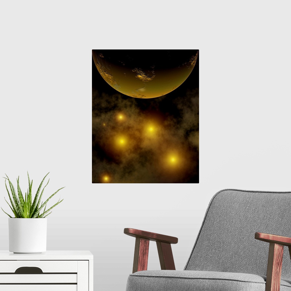 A modern room featuring Artist's concept illustrating one of many star clusters found in the Milky Way galaxy. A distant ...