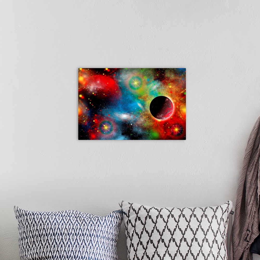A bohemian room featuring Artist's concept illustrating what a beautiful, colorful place our cosmic universe truly is.