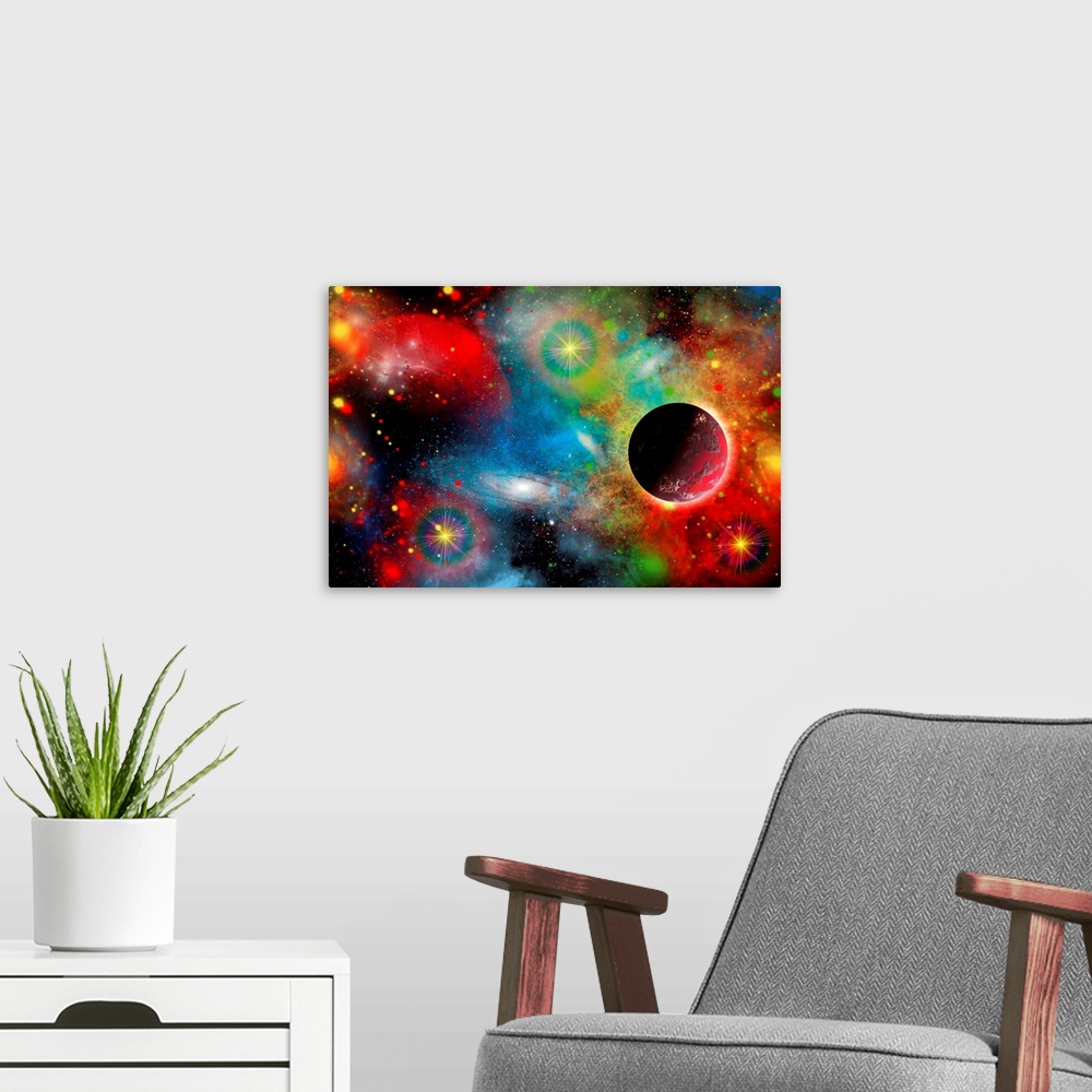 A modern room featuring Artist's concept illustrating what a beautiful, colorful place our cosmic universe truly is.