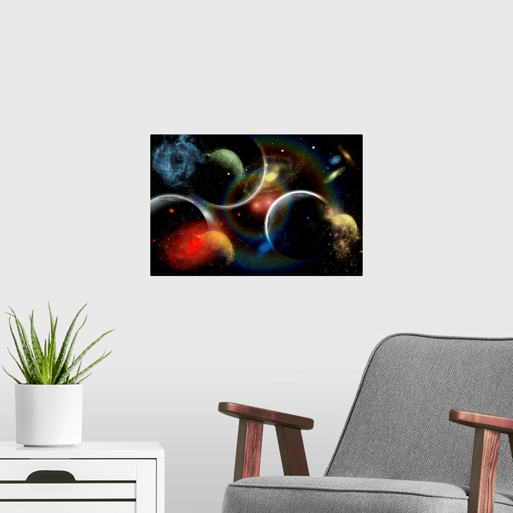 A modern room featuring Artist's concept illustrating the edge of space, whereas time blurs planets, galaxies, nebula, an...