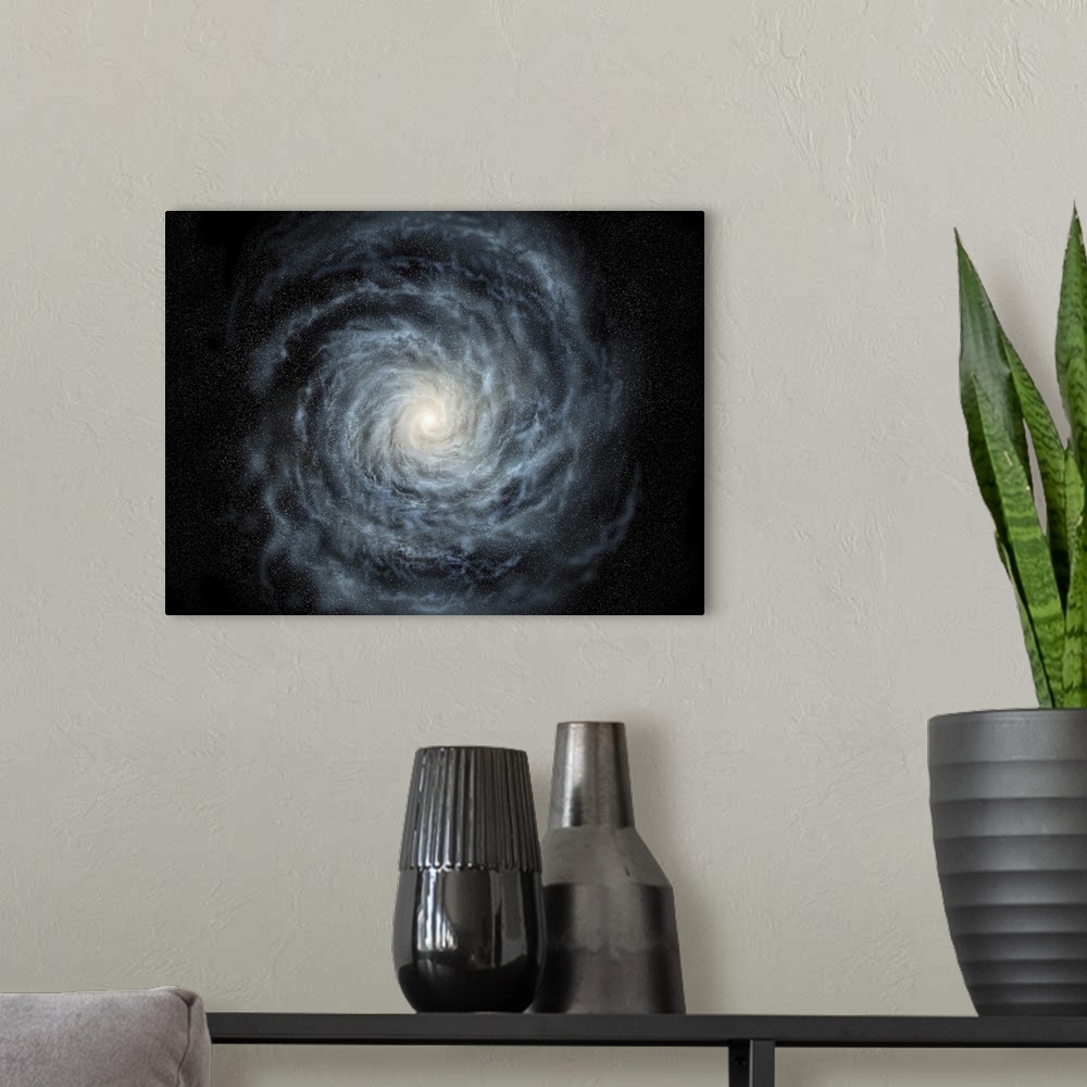 A modern room featuring Artist's concept of a face-on view of our galaxy, the Milky Way.