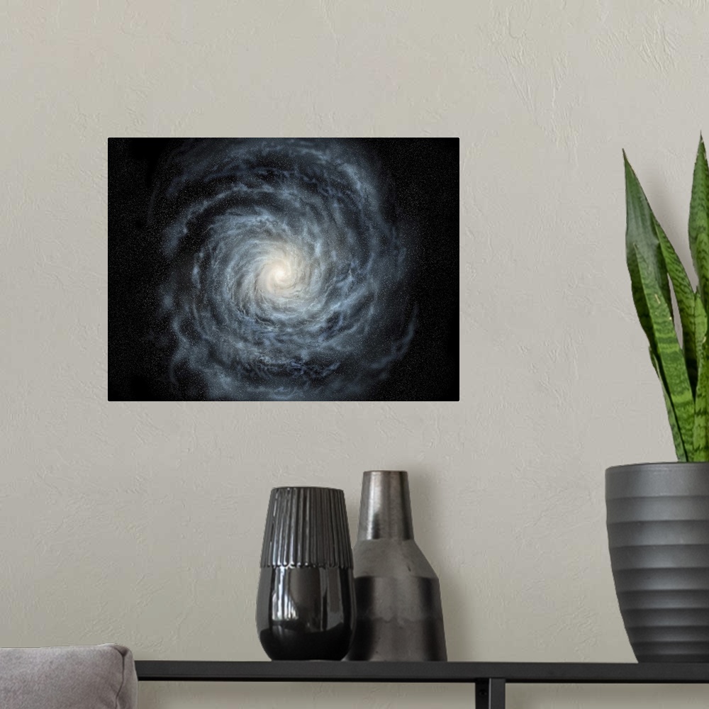 A modern room featuring Artist's concept of a face-on view of our galaxy, the Milky Way.