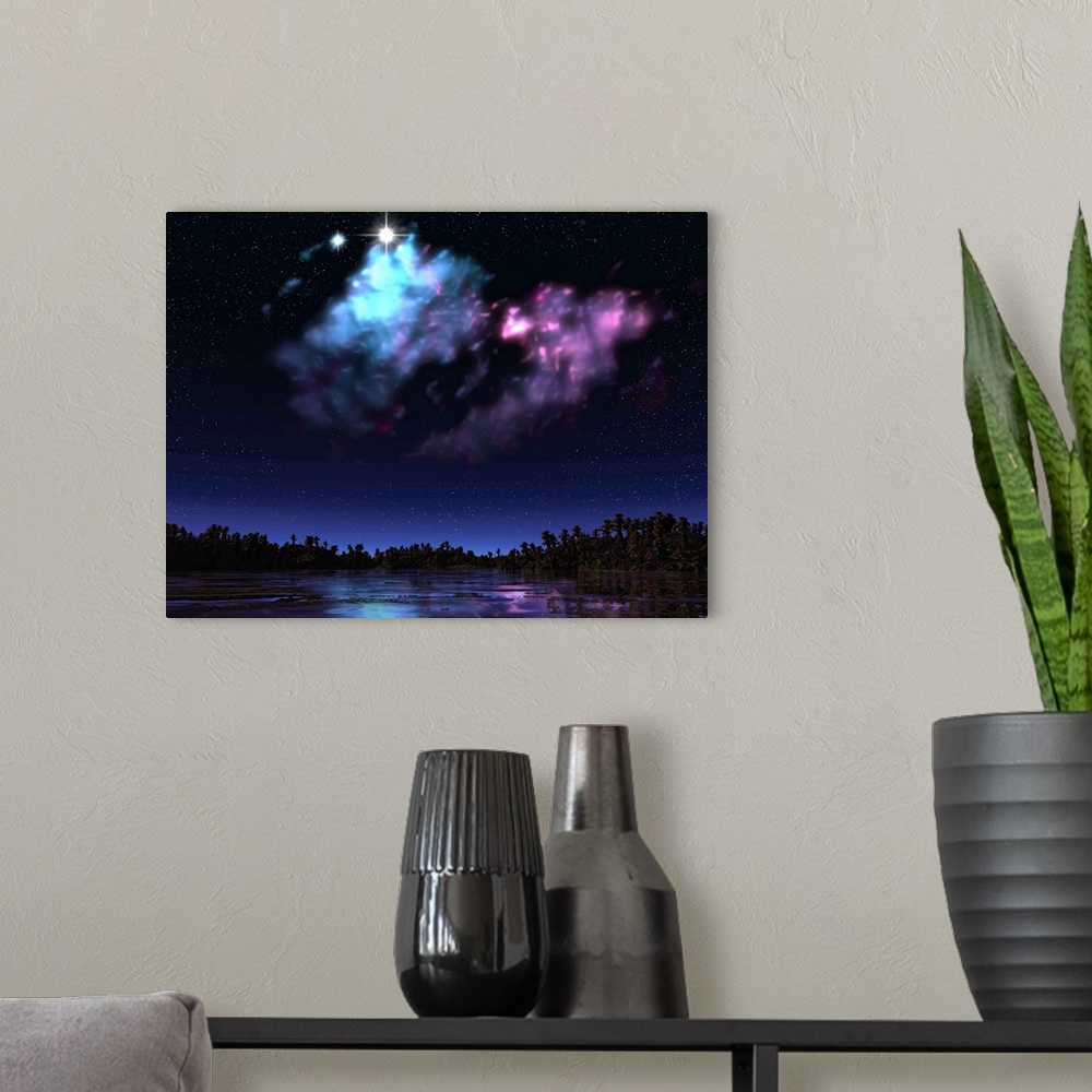 A modern room featuring This star-forming nebula is only a few light years from the surface of this hypothetical planet, ...