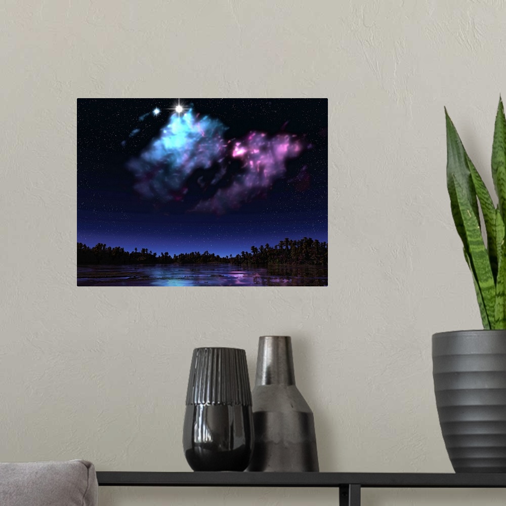 A modern room featuring This star-forming nebula is only a few light years from the surface of this hypothetical planet, ...