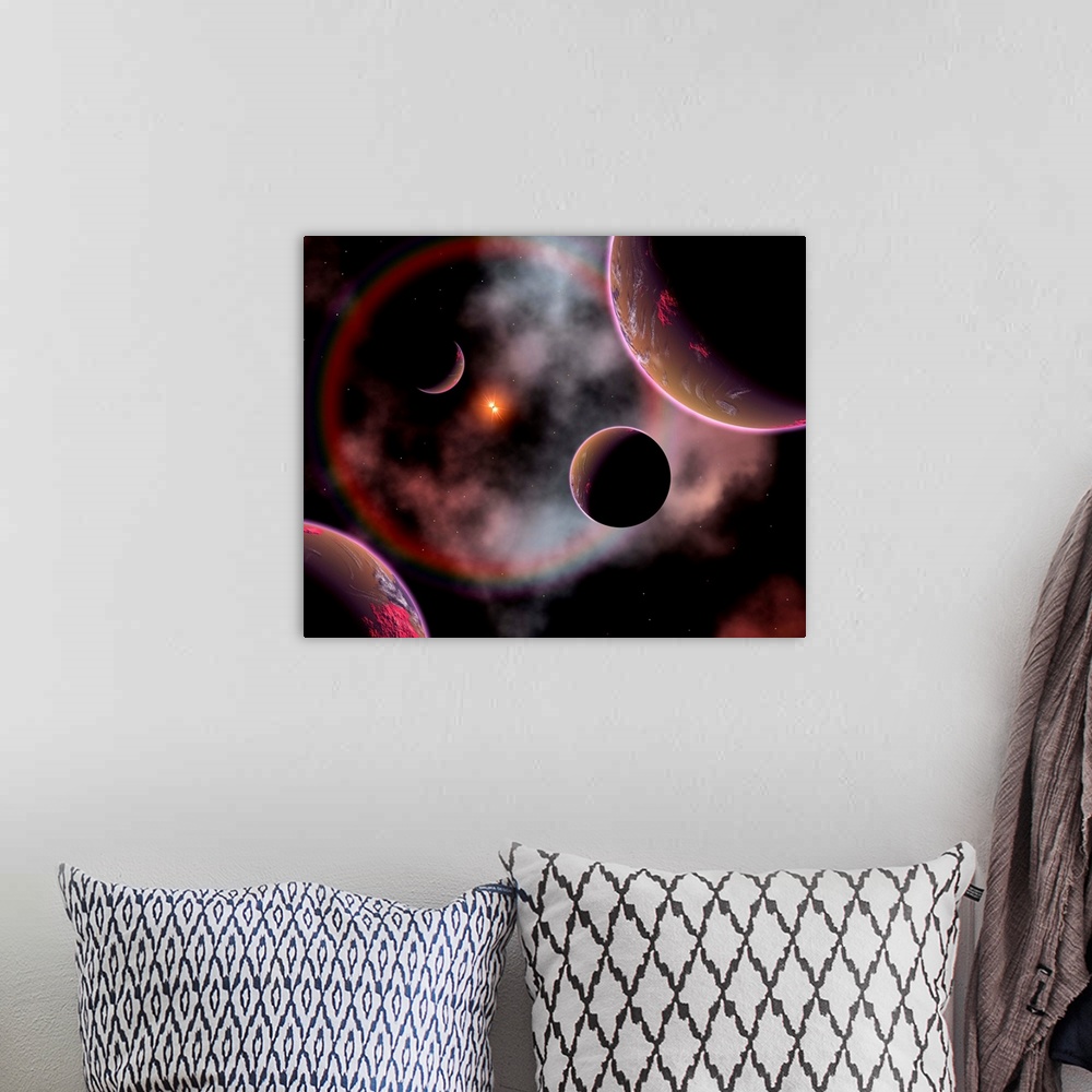 A bohemian room featuring Artist's concept of a rose nebula, named because of its delicate colors, and home to relatively n...