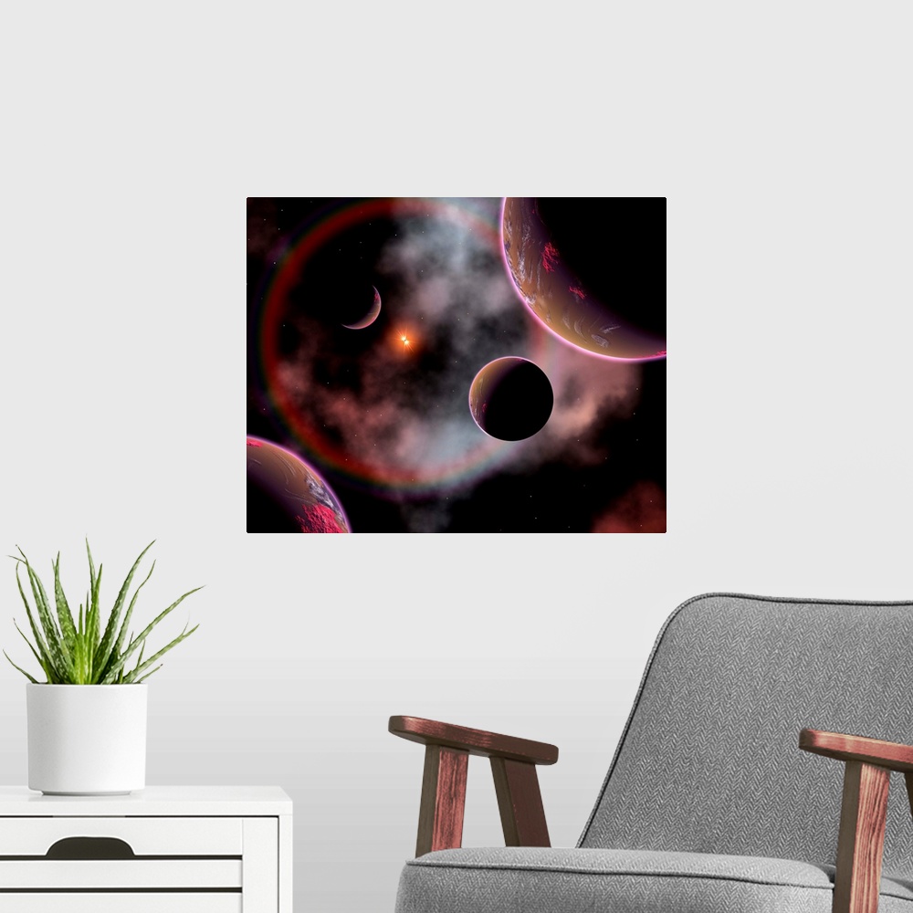 A modern room featuring Artist's concept of a rose nebula, named because of its delicate colors, and home to relatively n...