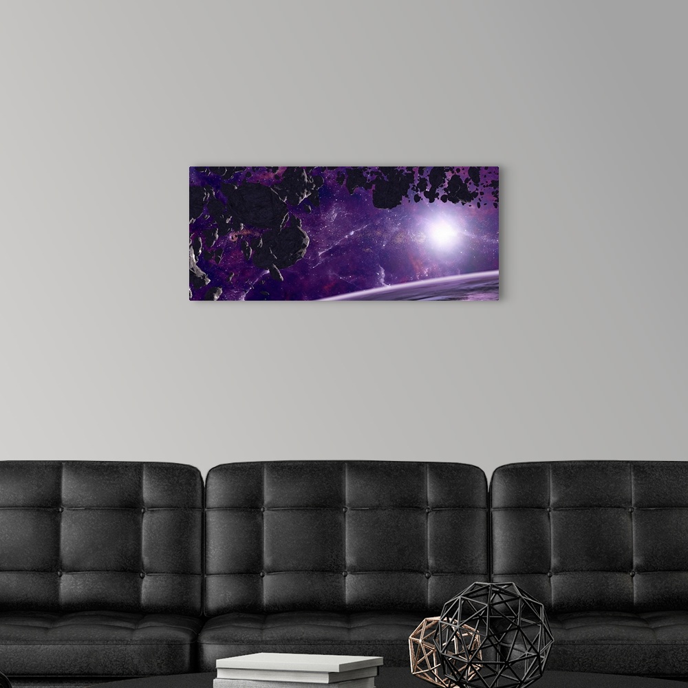 A modern room featuring Asteroid field with orbits hot and starry/nebula background

Artist's concept of an asteroid fiel...