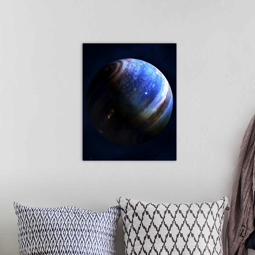 A bohemian room featuring Artist's concept of an Extrasolar Gas Giant with two of its' many moons. It is comparable to Jupi...