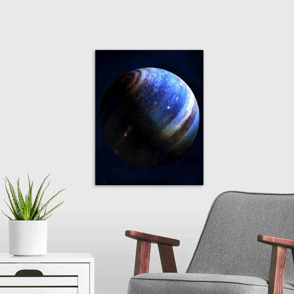A modern room featuring Artist's concept of an Extrasolar Gas Giant with two of its' many moons. It is comparable to Jupi...