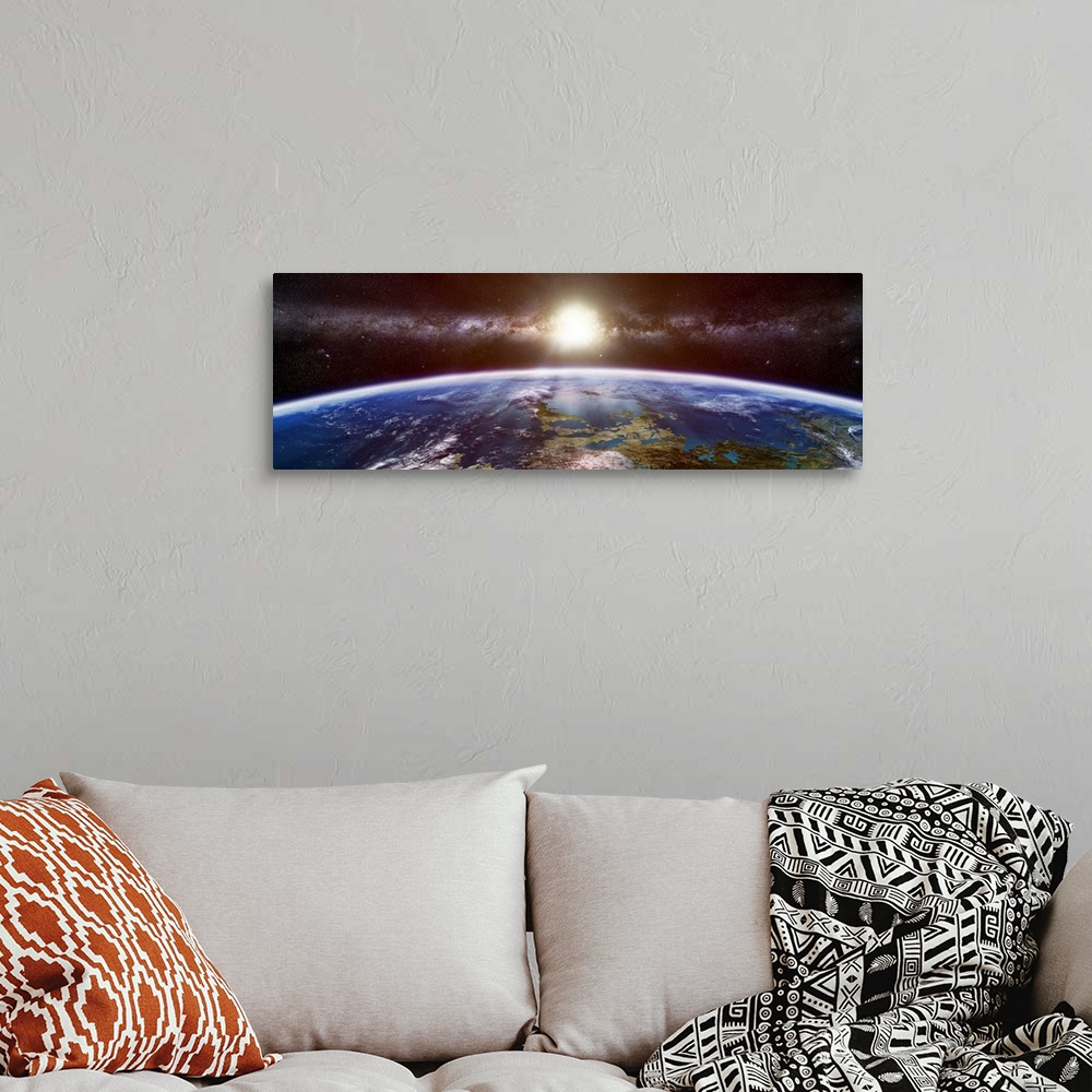 A bohemian room featuring Panoramic contemporary art depicts a visualization of a foreign planet taken from the viewpoint o...