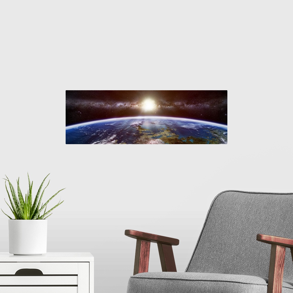 A modern room featuring Panoramic contemporary art depicts a visualization of a foreign planet taken from the viewpoint o...