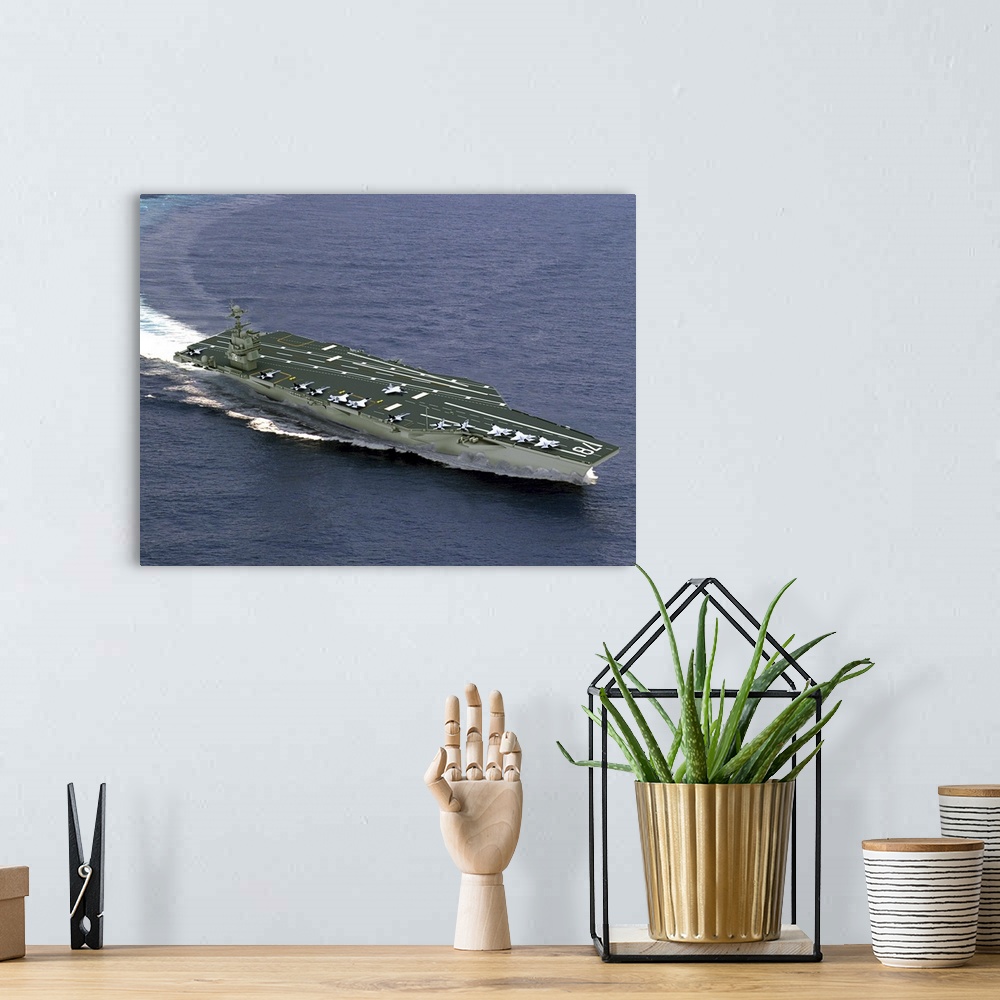 A bohemian room featuring Artist's concept of CVN21 one of a new class of aircraft carriers