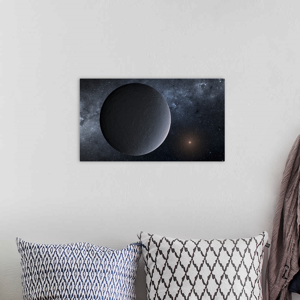 A bohemian room featuring Artist's concept of exoplanet OGLE-2016-BLG-1195Lb orbiting a small star.